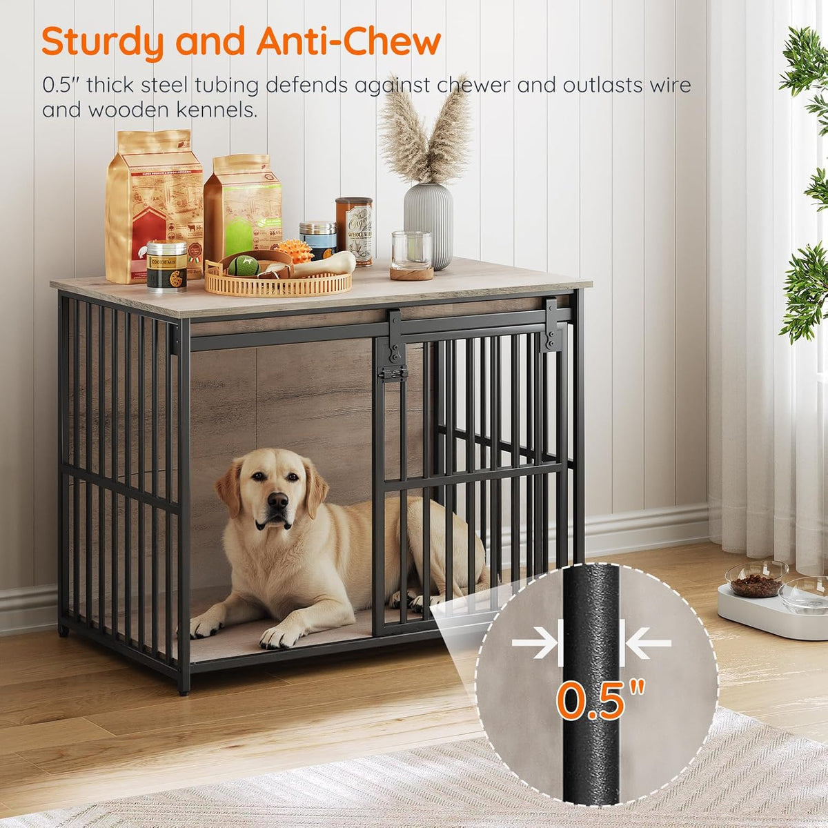 HOOBRO Dog Crate Furniture, 36.6" Heavy Duty Dog Kennel with Sliding Barn Door, Wooden Dog Cage Indoor, Decorative Side End Table for Small/Medium Dogs, Greige and Black GY162GW03G1