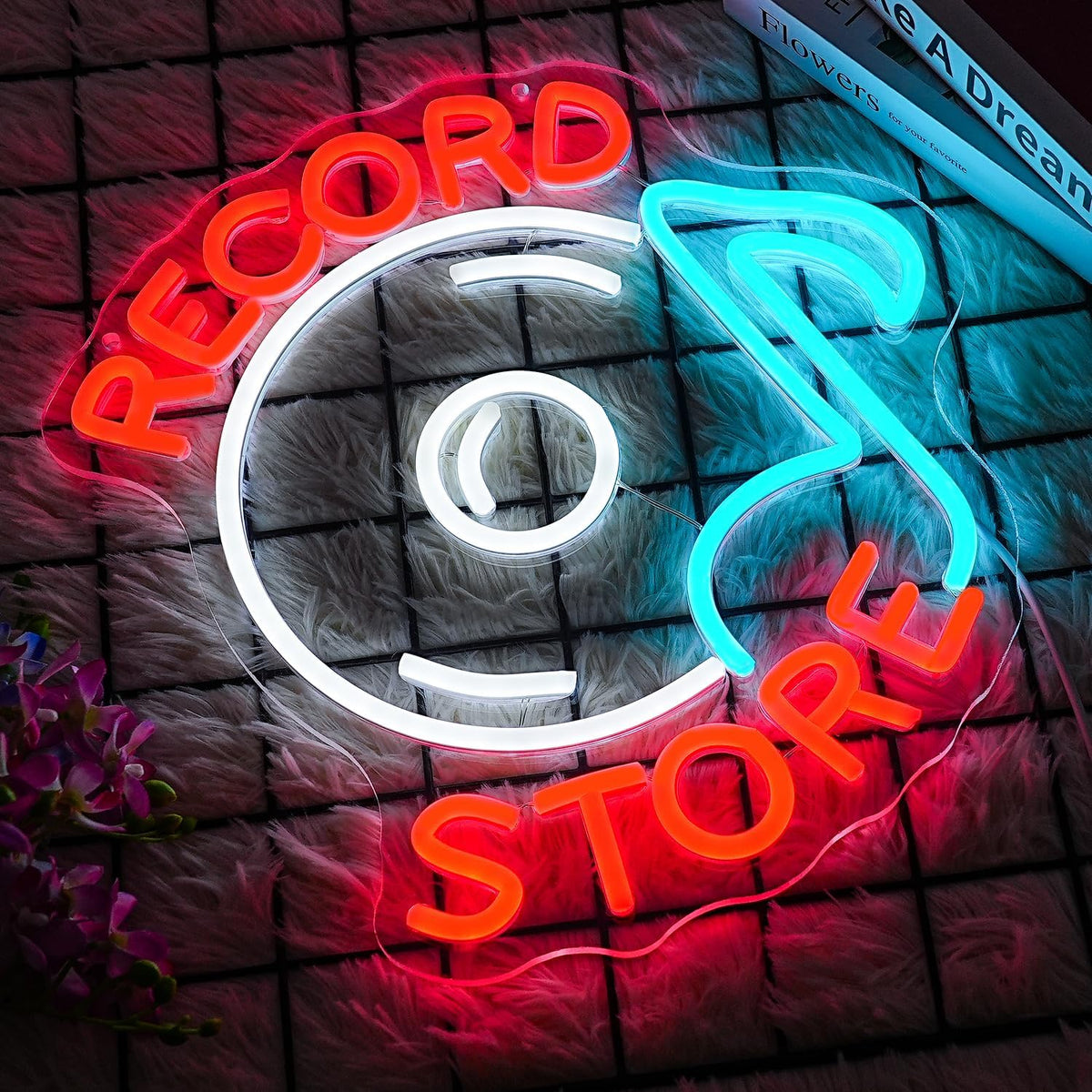 Record Store Neon Sign Music Neon Signs for Wall Decor Letter Neon Light Record Player Sign Live Music Neon Light Sign for Bar Concern Studio Decor(Red white)