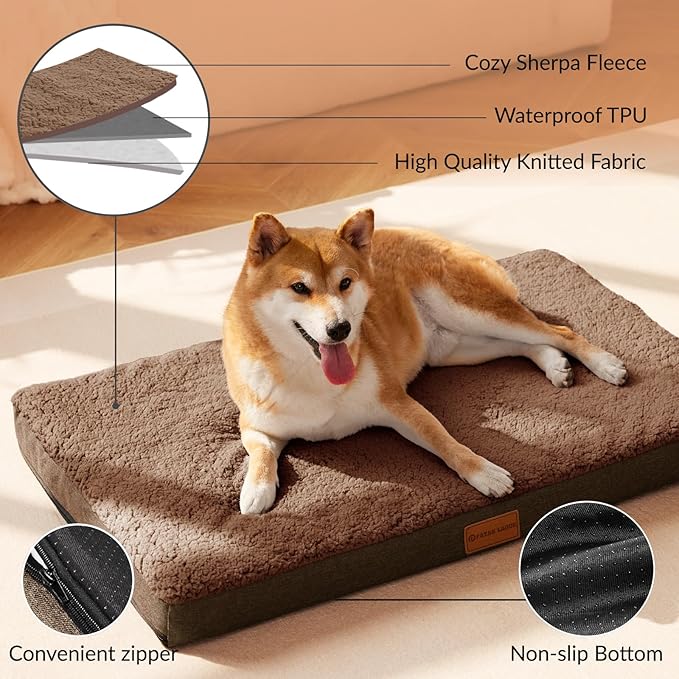 Patas Lague Orthopedic Large Dog Bed Washable Pet Sofa Mat 42''X28'' Brown | Egg-Crate Foam Dog Couch For Large Sized Dogs, Waterproof Removable Cover, Soft Pet Crate Bed With Nonskid Bottom