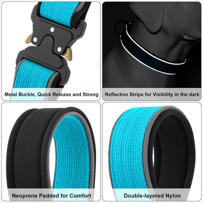Plutus Pet Tactical Dog Collar, Reflective, Adjustable Heavy Duty Dog Collar, Soft Padded and Comfortable, for Small Medium and Large Dogs (Cyan, M)