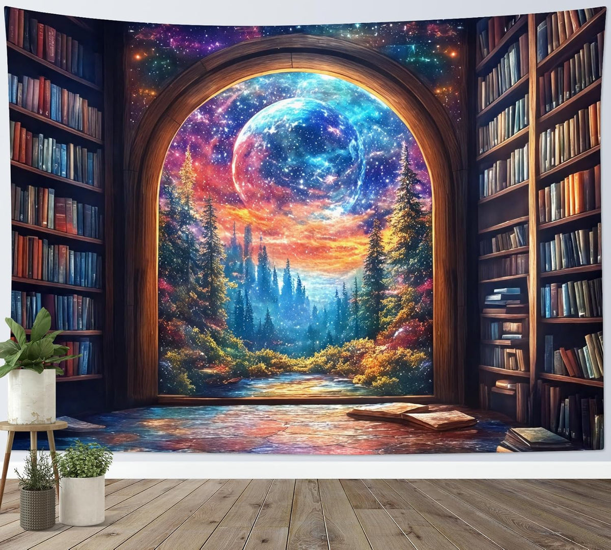 LB Fantasy Bookshelf Moon Tapestry, Forest Tree and Vintage Library Classroom Wall Tapestry for Bedroom, Galaxy Cool Wall Art for Living Room Dorm Home Decor Ready to Hanging, 60 x 40 Inches