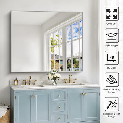 40x48inch Silver Bathroom Mirror, Silver Rectangle Mirror with Frame, Large Rectangular Wall Mirrors for Bathroom, Living Room, Hair Salon, Big Farmhouse Mirror Hang Horizontal/Vertical
