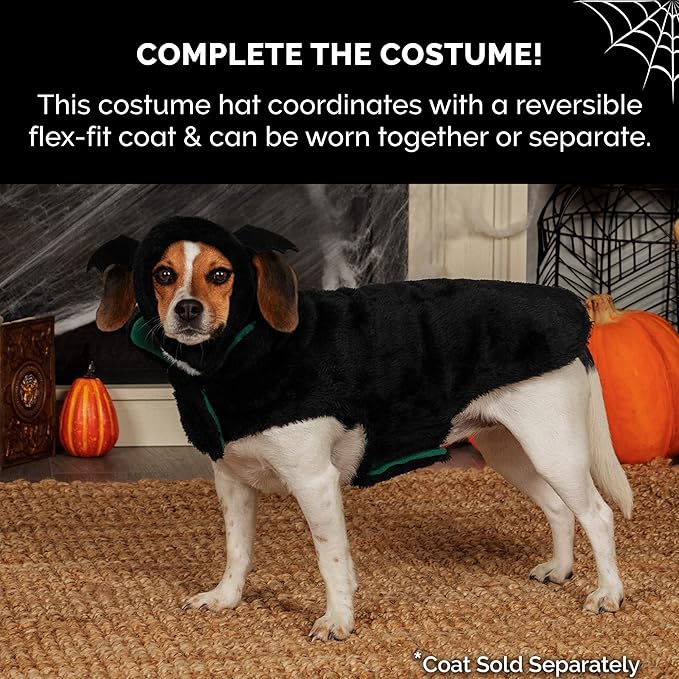 Furhaven XS to SM Dog Hat, Washable & Cozy - Plush Faux Fur Flex-Fit Black Bat Dog Hat Costume - Black, Extra Small to Small