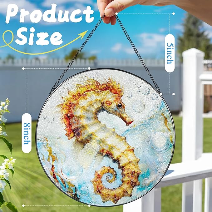 Stained Glass Window Hanging, 8 Inch Seahorse Sun Catcher Decor, Stained Glass Ornament, Suncatchers for Windows Hanging, Window Decor, Seahorse Gifts, Gifts for Ocean Lovers