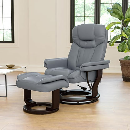 Flash Furniture Allie Contemporary Multi-Position Recliner and Curved Ottoman with Swivel Mahogany Wood Base in Gray LeatherSoft