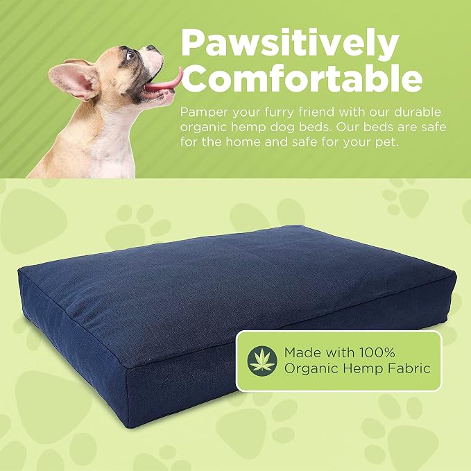 Large - 42 x 28 x 5 - Black Premium Organic Hemp Dog Bed - CertiPUR Fill - Removeable Cover