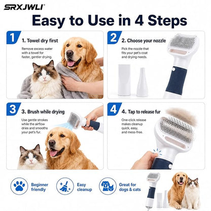 3 in 1 Pet Hair Dryers And Comb Brush High Velocity Blower for Dog Grooming | Portable Quiet Handheld Slicker with Steam Deshedding Intelligent Airflow System for Cats, Puppies and Professional(Yellow)
