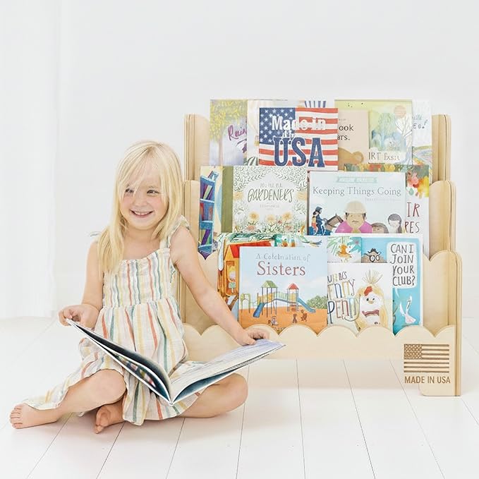 Wooden Kids Bookshelf w/Scalloped Edges- Made in USA- Perfect Height 3-Tier Montessori Shelf- Durable Childrens Bookcase for Kids Room or Playroom- Baby Book Shelf Nursery