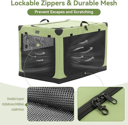 PETSFIT 30" Soft Portable Dog Crate – Patented Spiral Sturdy Frame, Collapsible Travel Kennel for Medium Dogs, 3 Mesh Door, Lockable Zippers, Indoor & Car Use Green