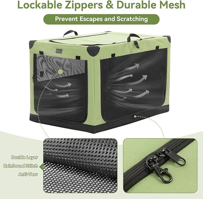 PETSFIT 36" Soft Portable Dog Crate – Patented Spiral Sturdy Frame, Collapsible Travel Kennel for Medium & Large Dogs, 3 Mesh Door, Lockable Zippers, Indoor & Car Use Green