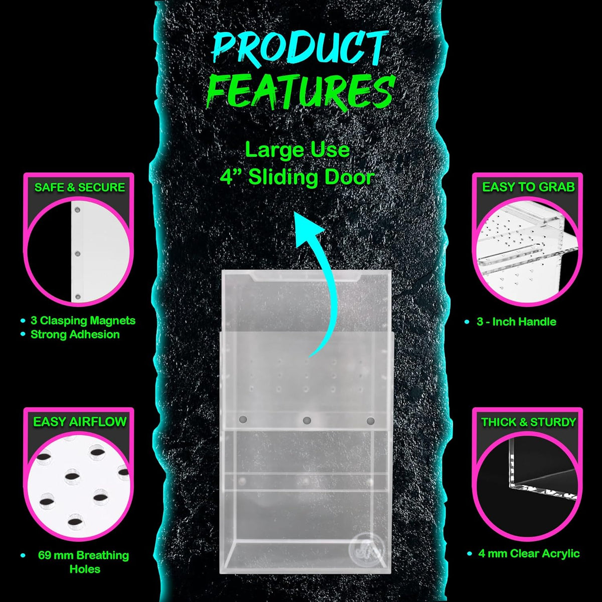 Jumping Spider Enclosure 5"x5"x7" or Tarantula Enclosure - Reptile Terrarium w/Sliding Magnetic Door - Great Reptile Tank & - Acrylic Aquarium Spider Box for Terrestrial or Arboreal Animals