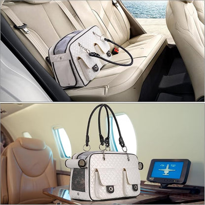 Pet Carrier Fashion Dog Carrier Purse Leather Tote Handbag Bag for Small Puppies Dogs Cat Small Animals Soft TSA Airline-Approved (White)