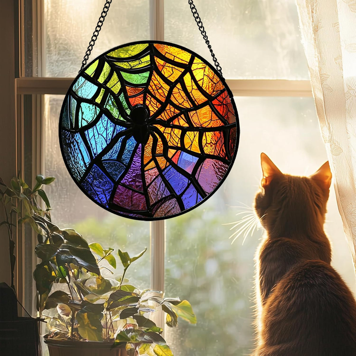 Stained Glass Suncatcher, Colorful Spider Sun Catcher Black Insect Stain Glass Window Hanging Decoration Mother's Day Birthday Gifts for Women Men Mom Nana 7.8 in