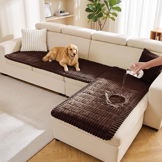 FUANGUI 2 Pack Waterproof Couch Cover for Dogs Pets Sofa Protector | Non-Slip Washable Fuzzy Soft Sofa Slipcover for 2 PCS L Shaped Sofa Pet Friendly, 27.6" x 59.1"+27.6" x 70.9", Brown