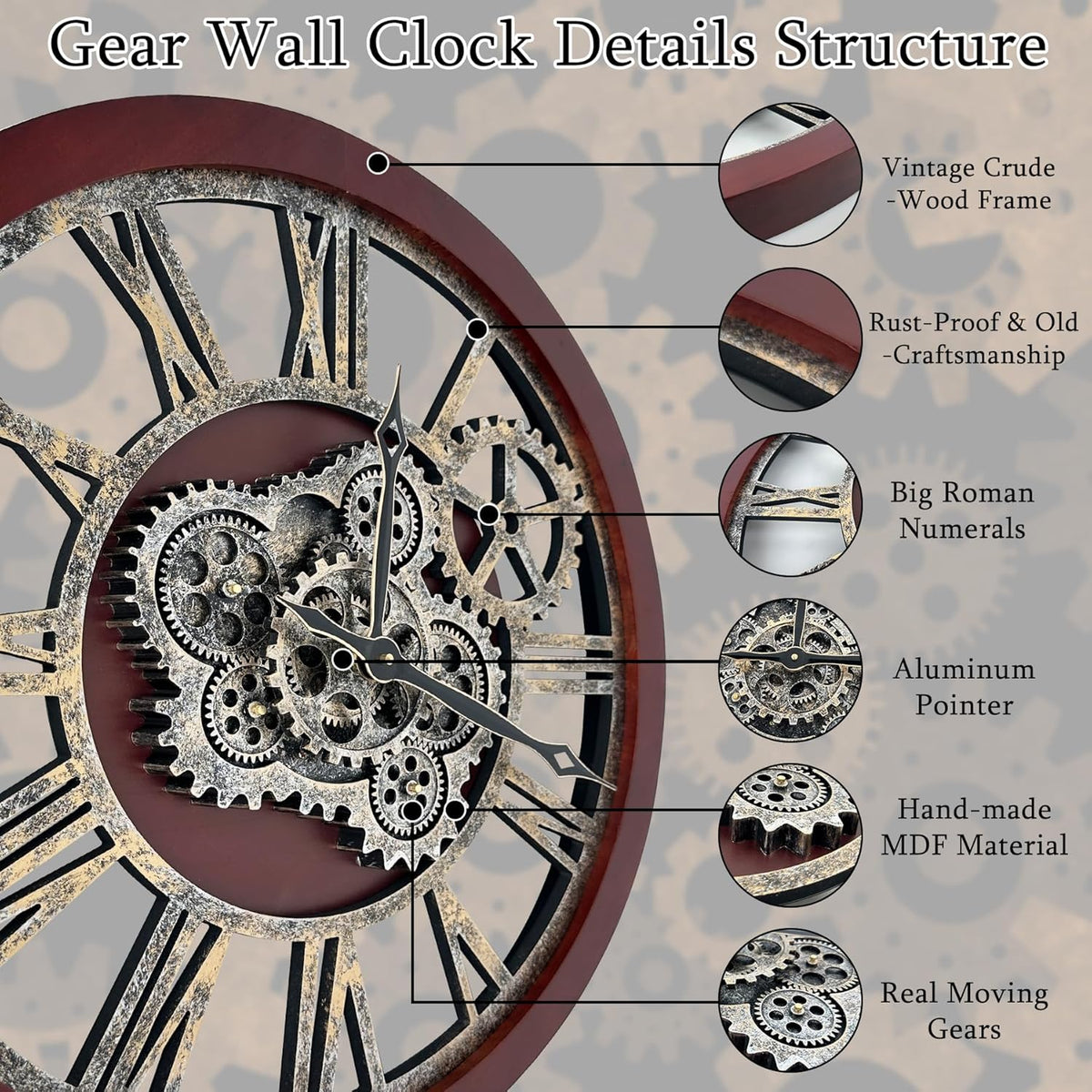 HOIBAI Farmhouse Vintage Industrial Oversized Wall Clock - 24 in (60cm) Moving Gear Wall Clock for Living Room Decor