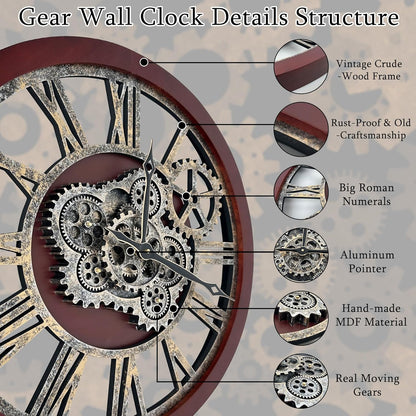 HOIBAI Large Wall Clock, 18 Inch Wall Clocks for Living Room Decor Farmhouse Vintage Rustic Kitchen Wall Decor Vintage Roman Big Oversized Wall Clock for Home Bedroom House Office, Moving Gears Clock