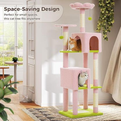 MUTTROS Flower Cat Tree, 62-Inch Tall Multi-Level Cat Tower with Scratching Posts for Large Indoor Cats, Plush Bed w/Padded Perches, Scratching Pad & 2 Green Pompoms, Pink