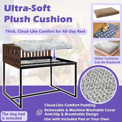 Beside Dog Bed,2 Wood Side Panel Adjustable Height Dog Bunk Beds,39''x27'' Metal Dogs Bed Frame with Cushion,Large