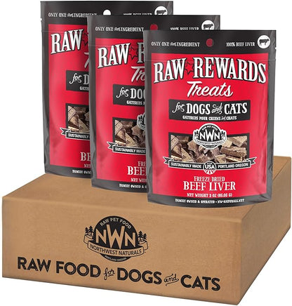 Northwest Naturals Raw Rewards Freeze-Dried Beef Liver Treats for Dogs and Cats - Bite-Sized Pieces - Healthy, 1 Ingredient, Human Grade Pet Food, All Natural, Proudly Made in USA, 3 Oz (Pack of 3)