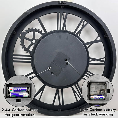 The B-Style Large Wall Clock 24 inch Moving Gear Wall Clock Oversized Vintage Farmhouse Wall Clocks for Living Room Decor Rustic Industrial Wood Clock (Black walunt Wood and Bronze)