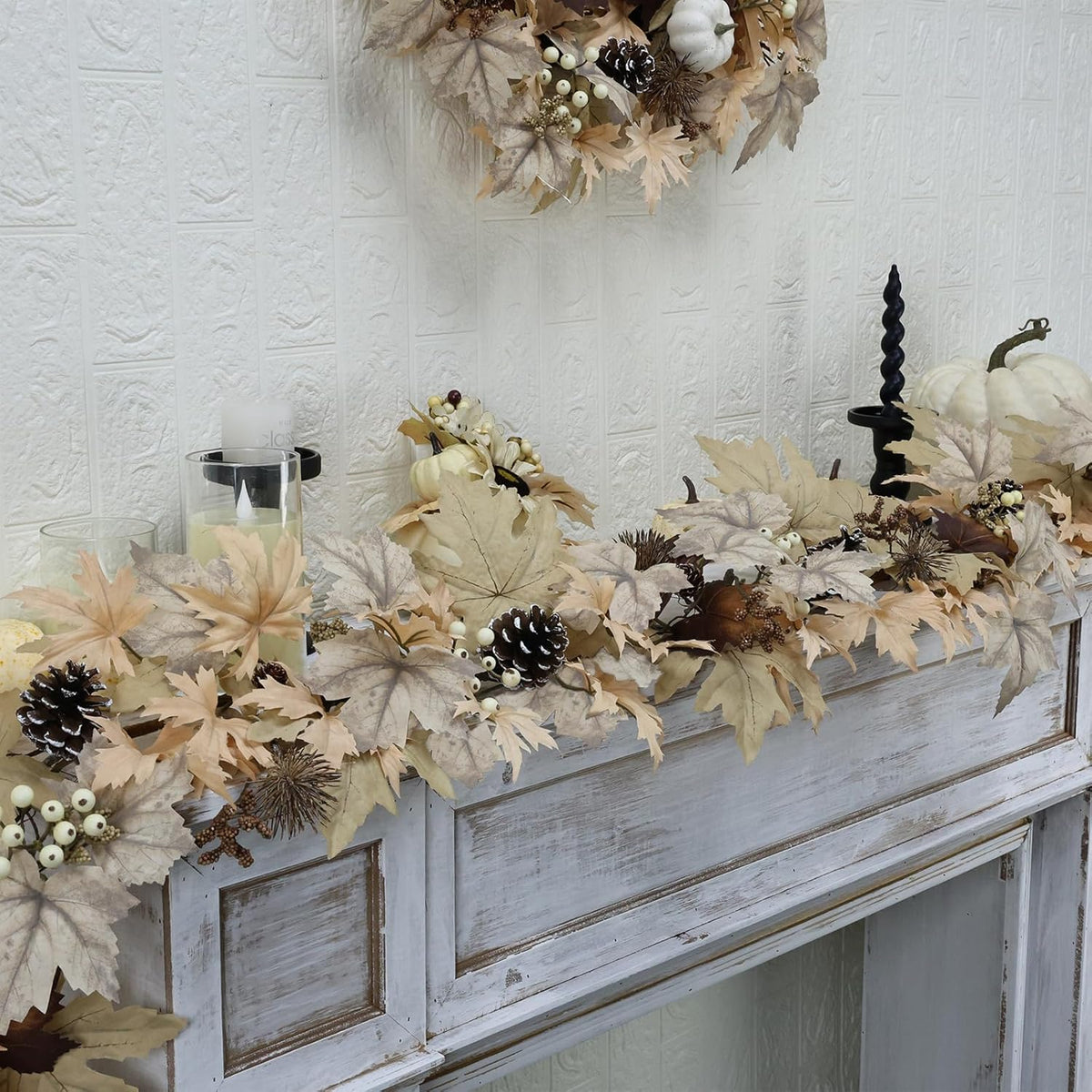 Realistic Fall Garland with Lights, 6 FT Real Touch Feel Leaves Garland with Berries Pine Cones, Fall Decorations for Home Thanksgiving Halloween Decorations Indoor Farmhouse Porch Fireplace