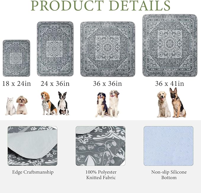 Homimp Washable Pee Pads for Dogs, 2 Pack Reusable Puppy Pads Waterproof, Absorbent and Leakproof Dog Pee Pads, Non Slip Puppy Training Pads, Pet Mat for Floor, Crate, Couch, Whelping,Grey, 36"x41"