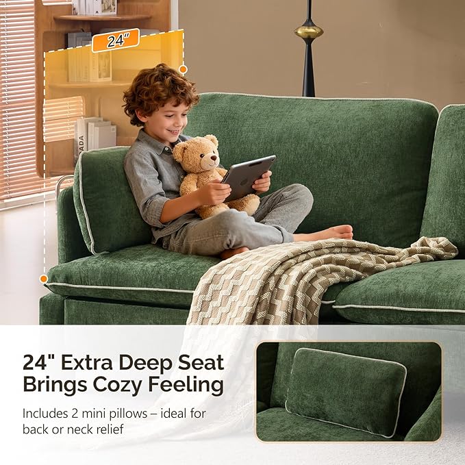 VINGLI 84" W Oversized Comfy Love Seat with Two Seats, Extra Deep Seat Piping Design Loveseat Couch with Two Pillows, Linen Fabric Modern Small Sofa for Small Living Room, Apartment, Bedroom, Green
