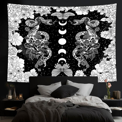 dueeia Moon Phase Witchy Tapestry Wall Hanging Snake Witch Occult Black and White Dark Tapestries for Bedroom Aesthetic Living Room Wall Decor (78.7"x59.1")