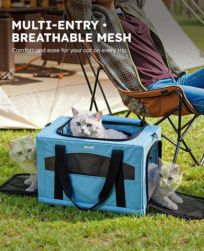 Pecute Cat Carrier Stable, Pet Carrier with Privacy Partition,Light Blue | Safe For Car Travel, Stable Steel Frame, Soft-Sided Pet Carrier Bag For Dogs And Cats Up To 11lbs, Foldable Design.
