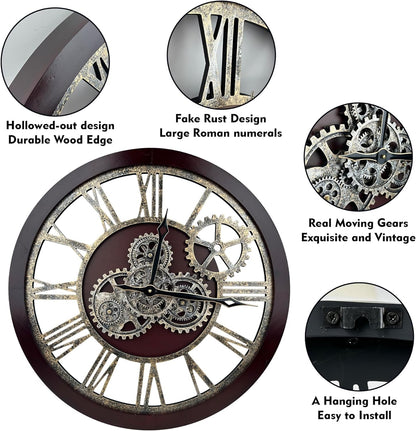 The B-Style Large Wall Clock 24 inch Moving Gear Wall Clock Oversized Vintage Farmhouse Wall Clocks for Living Room Decor Rustic Industrial Wood Clock (Cherry red and Bronze)