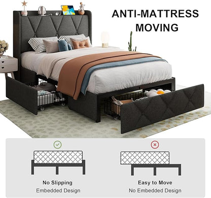 Feonase Twin Bed Frame with 3 Storage Drawers, Upholstered Platform Bed with Charging Station, Wingback Storage Headboard, Heavy Duty Wooden Slats, No Box Spring Needed, Easy Assembly, Dark Grey