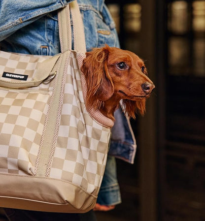 Transit Tote Dog Carrier for Small Dogs Under 8 lbs, 16x11x8 Soft-Sided 4-Pc Set with Waterproof Base, Plush Insert, Food Pouch, Mesh Head Opening - Small, Checkerboard