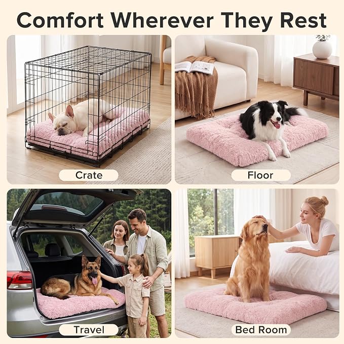 JOEJOY Large Dog Bed Crate Pad, Deluxe Plush Washable Dog Beds Fulffy Soft Kennel Pad Anti-Slip Pet Sleeping Mat for Large Medium Small Dogs, 35" x 23", Pink