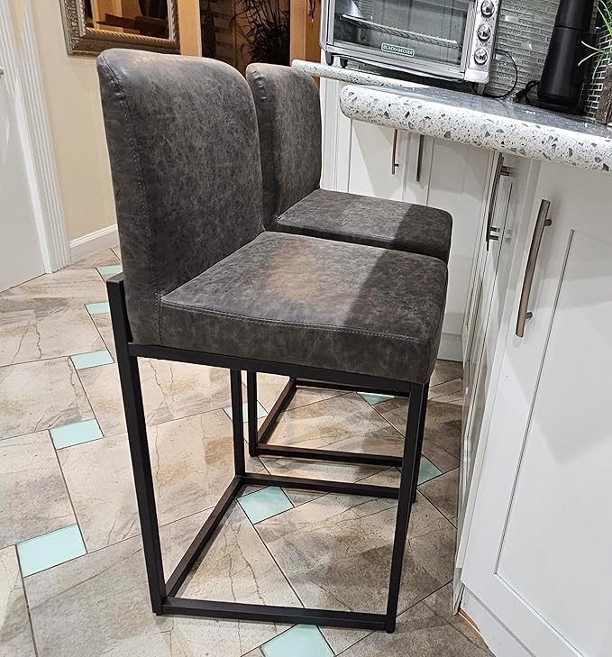 PHI VILLA Grey Bar Stools Set of 4 - Counter Height 24'' Bar Stool Pu Leather Kitchen Modern Bar Chairs, Bar Stools with Back