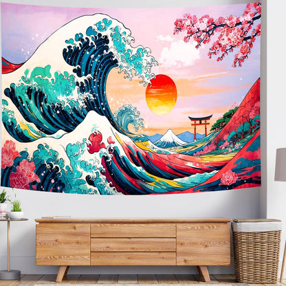 Delur Great Wave Tapestry Japanese Sunset Ocean Sea Wave Off Kanagawa Tapestry Wall Hanging Vintage Asian Anime Cherry Blossom Nature Headboard for Bedroom Living Room Home Decor (59.1" x 78.7")