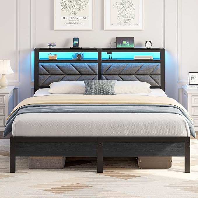 Seventable Bed Frame King Size with Charging Station, LED Bed with Upholstered Storage Headboard, Metal Platform Bed with Under Bed Storage, No Box Spring Needed, Noise Free, Easy Assembly, Grey