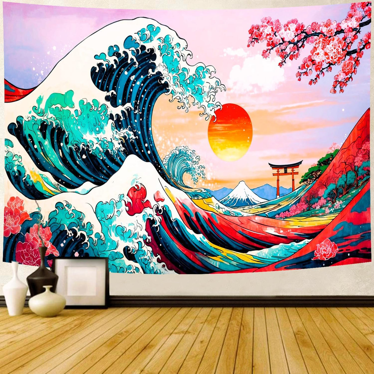 Delur Great Wave Tapestry Japanese Sunset Ocean Sea Wave Off Kanagawa Tapestry Wall Hanging Vintage Asian Anime Cherry Blossom Nature Headboard for Bedroom Living Room Home Decor (59.1" x 78.7")