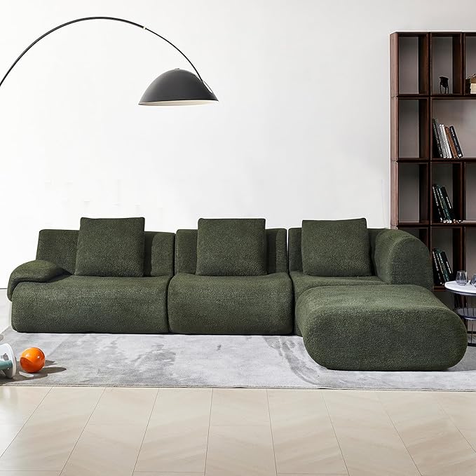 118" Modular Sectional Sofa with Movable Ottoman, 3-Seater Modern Teddy Velvet L-Shaped Couch, Convertible Cloud Sofa for Living Room, Sectional Boneless Couch
