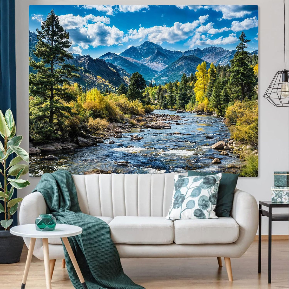 AMM Nature Forest Mountain Tapestry Green Pine Tree Tapestry for Bedroom Aesthetic White Clouds Flowing River Landscape Classroom Tapestries Wall Hanging for Living Room Dorm Office