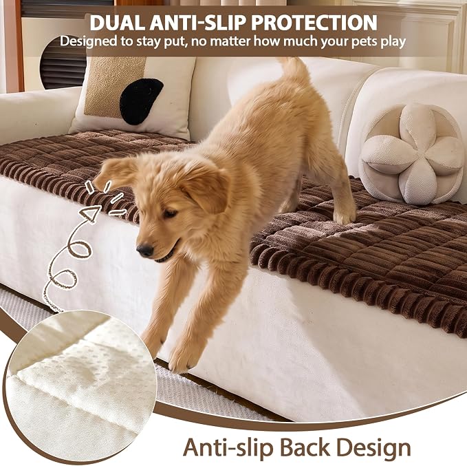 FUANGUI 2 Pack Waterproof Couch Cover for Dogs Pets Sofa Protector | Non-Slip Washable Fuzzy Soft Sofa Slipcover for 2 PCS L Shaped Sofa Pet Friendly, 27.6" x 59.1"+27.6" x 70.9", Brown