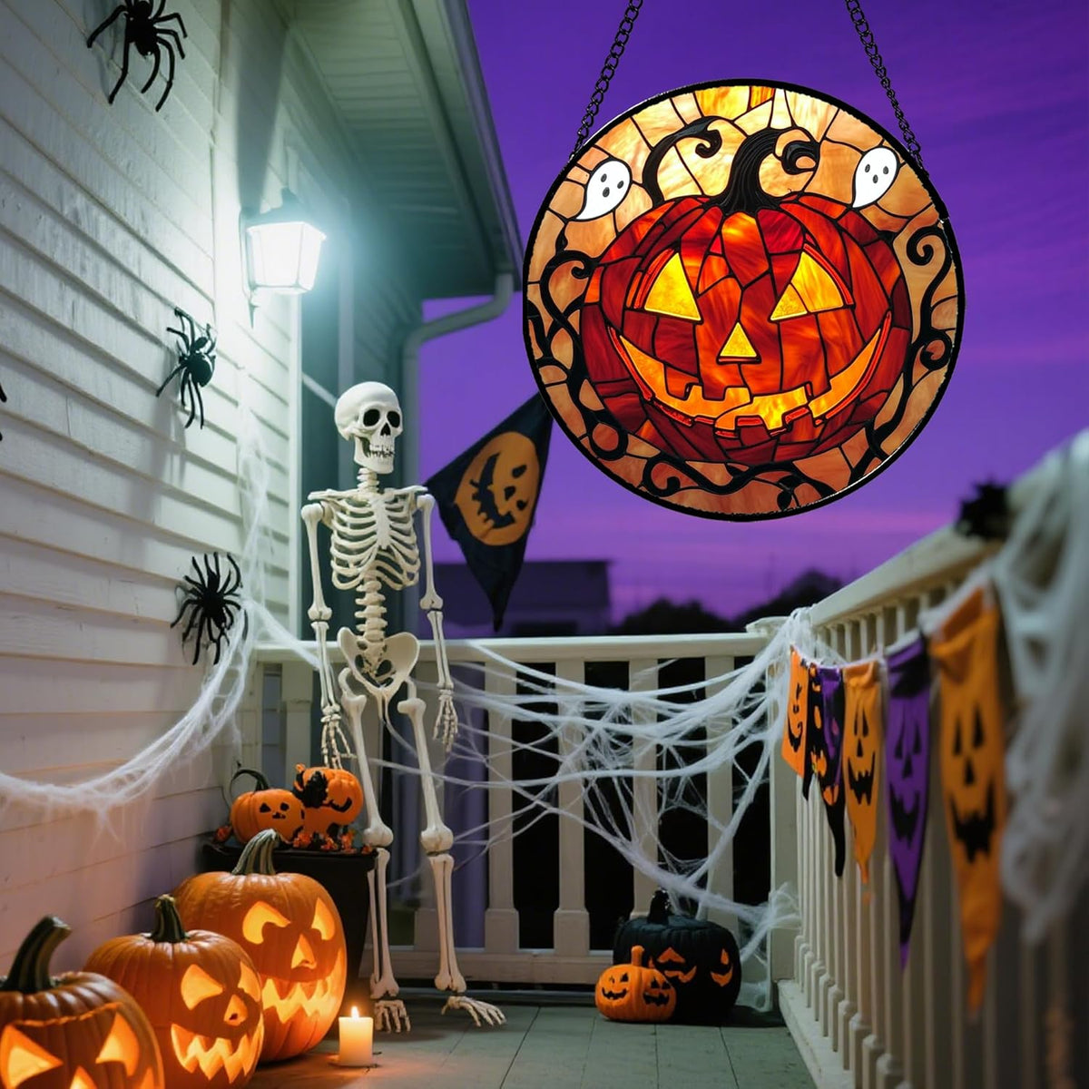 Stained Glass Window Hanging - Halloween Decorations Evil Pumpkin Orange Suncatcher for Doors Garden Indoor Funny Spooky Sun Catchers Gothic Decor Horror Gifts for Women Men Friend 7.8 in