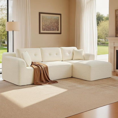 VASAGLE 108.3 Inches Boneless Couch with Chaise, Modular Sectional Sofa, Modern Cloud Couch with Deep Seat, L-Shape Corduroy Sofa for Living Room, Right-Facing Chaise, Bedroom, Cream White ULCS182WD01