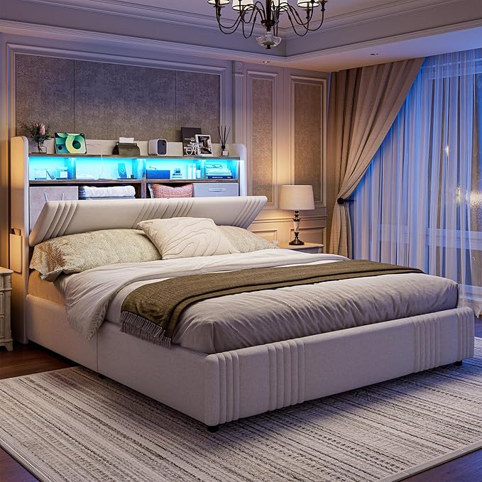IKIFLY King Size Bed Frame with Hidden Storage Headboard & 4 Drawers, 49.2” Tall Upholstered Wingback Headboard with LED Lights and Charging Station, No Box Spring Needed, Solid Wood Slats, White