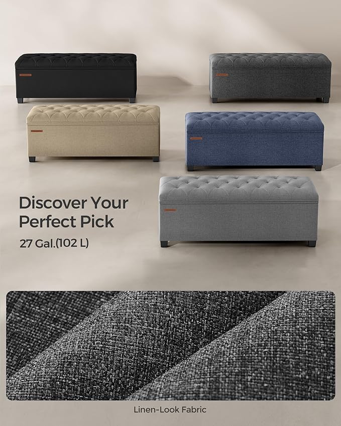 SONGMICS Storage Ottoman Bench, Foot Rest with Legs, 15.7 x 43.3 x 15.7 Inches, End of Bed Bench, Storage Chest, Load up to 660 lb, for Living Room, Bedroom, Entryway, Dark Gray ULSF088G01
