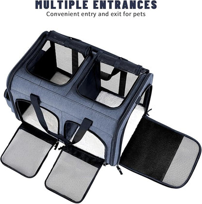 Cat Carrier for 2 Cats, Foldable Double Cat and Dog Carrier, Small to Medium Size, 2 Front Zippered Compartments,Two Pets Carrier for Outdoor Travel,Mulitple Cat Carrier, Grey
