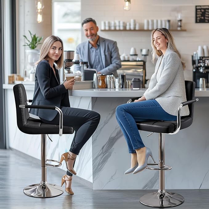 Yaheetech Bar Stools Set of 2, PU Leather Adjustable Swivel Barstools, Hydraulic Kitchen Counter Height Bar Chairs with Armrest and Back for Kitchen, Dining Room, Black