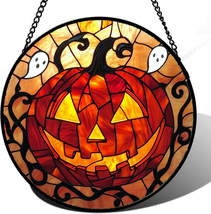 Stained Glass Window Hanging - Halloween Decorations Evil Pumpkin Orange Suncatcher for Doors Garden Indoor Funny Spooky Sun Catchers Gothic Decor Horror Gifts for Women Men Friend 9.8 in