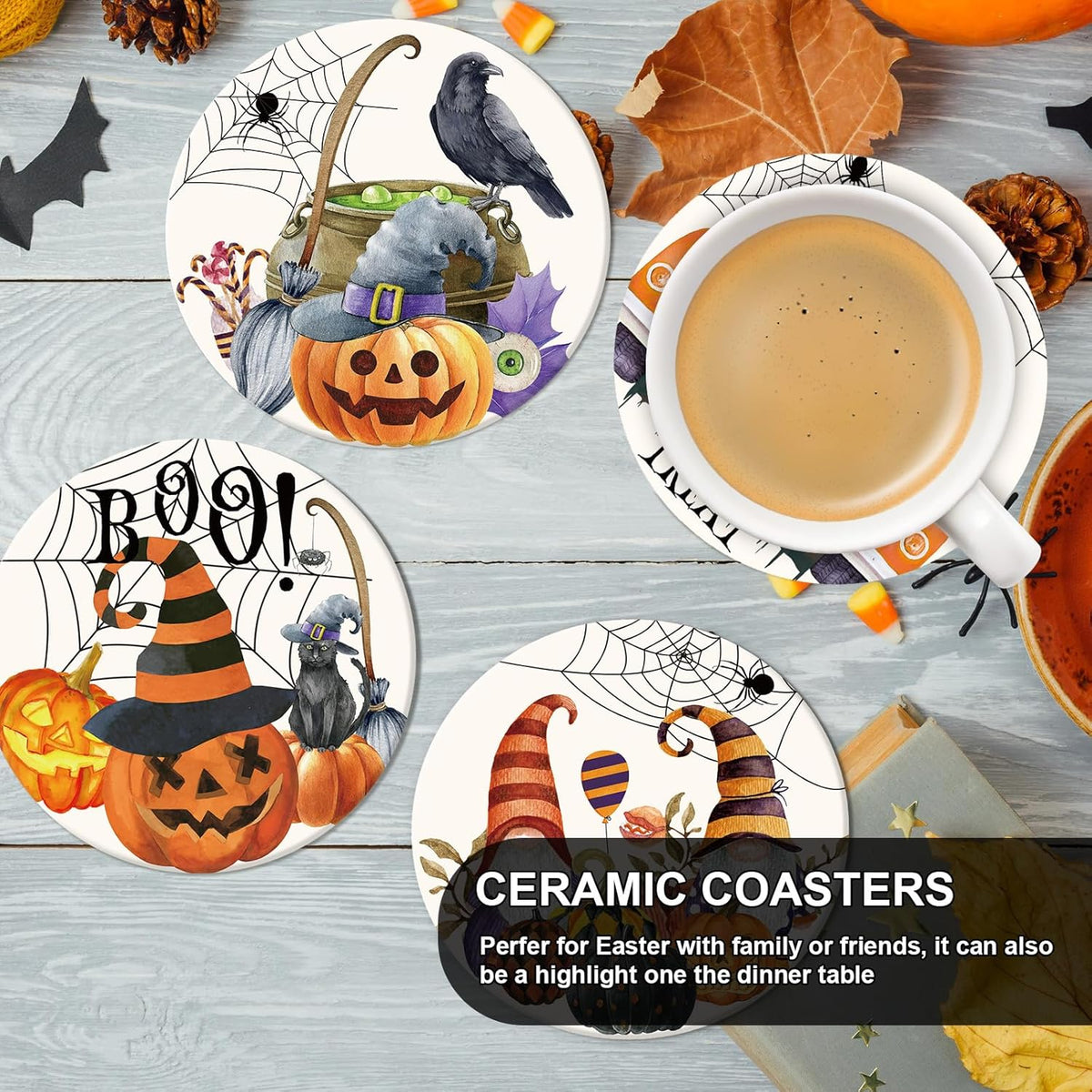 Whaline 6Pcs Halloween Coasters Watercolor Ceramic Coasters Pumpkin Gnome Pattern Drink Coasters Cup Mat for Table Room Decor Party Supplies, 4.1 x 0.3 Inch