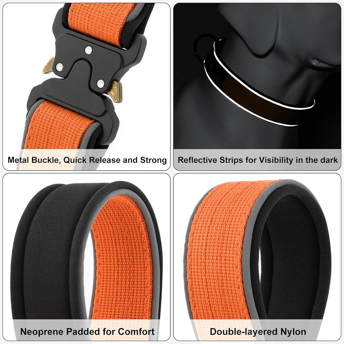 Plutus Pet Tactical Dog Collar, Reflective, Adjustable Heavy Duty Dog Collar, Soft Padded and Comfortable, for Small Medium and Large Dogs (Orange, XS)