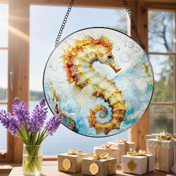 Stained Glass Window Hanging, 8 Inch Seahorse Sun Catcher Decor, Stained Glass Ornament, Suncatchers for Windows Hanging, Window Decor, Seahorse Gifts, Gifts for Ocean Lovers